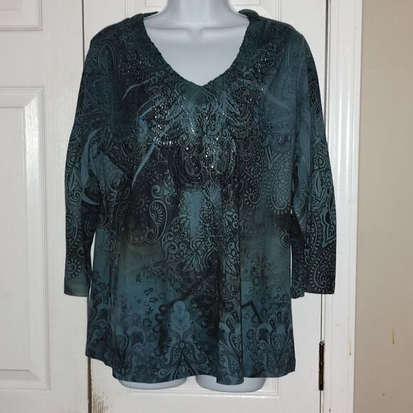 Chico's  turquoise  3/4 length sleeve top  Sz L (12) - Picture 1 of 4
